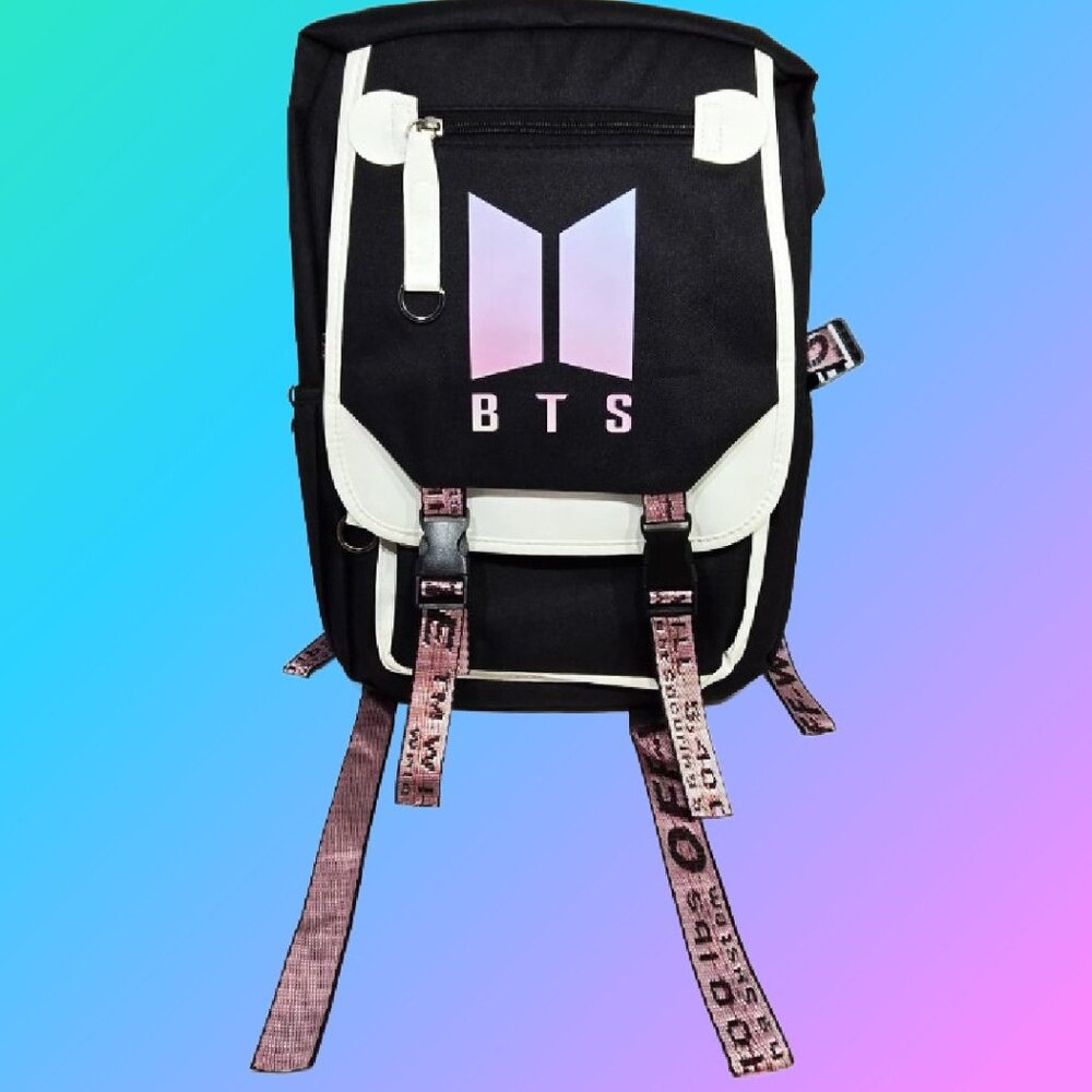 BTS Logo Black School Backpack Book Bag Adjustable Straps NEW with Tag